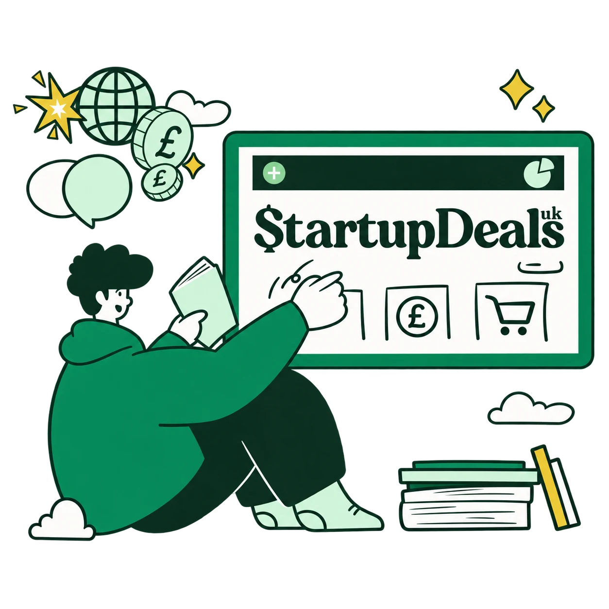 A founder exploring software offers, with pound-sterling savings and books
